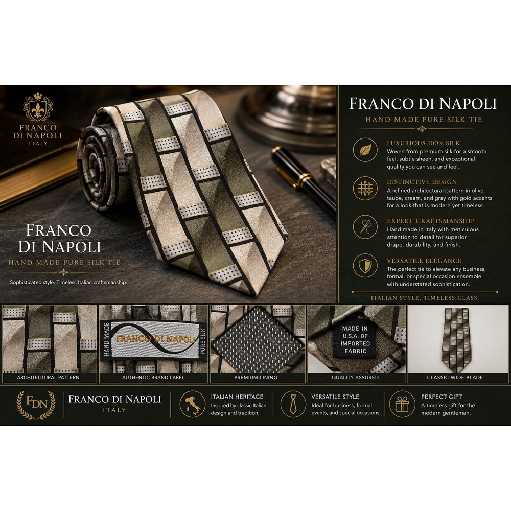 Franco Di Napoli Mens Silk Tie Olive Green Gray Geometric Architectural Handmade